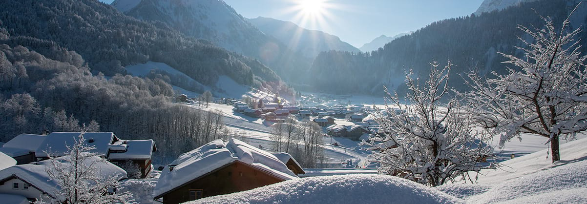 A view over the Austrian village 'Schoppernau' on a sunny day.